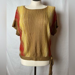Anne Klein blouse. Semi sheer 60’s color motif of brown gold and orange. Size PL